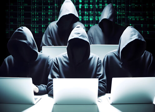 Hackers with hoodies. Hacker group, organization or association. AI generated