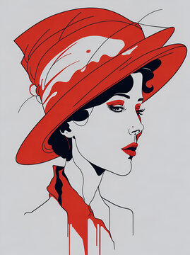 Woman in red hat. AI generated illustration