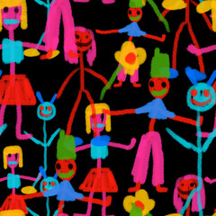 seamless pattern of children's drawings-little men,houses,flowers.Children's doodles with felt-tip pens and pencils.Funny ornament for the nursery.Children's scribbles with freaky dudes.Hippie style