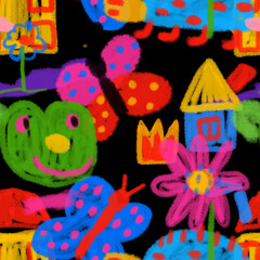 Obraz na płótnie Canvas seamless pattern of children's drawing -chamomile, tulip,flowers.Children's doodles with felt-tip pens and pencils.Funny ornament for the nursery.Children's scribbles with quirky floral.Hippie style 