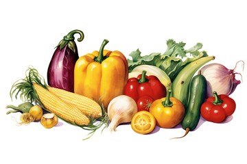 Naklejka na ściany i meble A variety of vegetables including corn, cucumber, paprika, tomato, carrot, onion, garlic and others Generative AI 