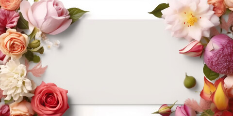 Naklejka na ściany i meble Blank white card in the center, surrounded by rose and magnolia petals, white background top view, AI Generated