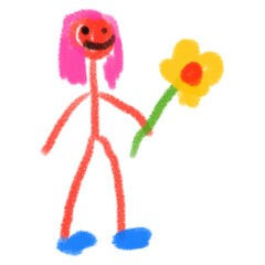 isolated sticker-a little man drawn by felt-tip pens by a child.Hand drawn dude in children's style.Kids scribble for pattern and design.fantasy character..Funny quirky texture guy.colored pen artwork