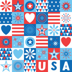 Obraz premium 4th July Independence Day Fireworks Confetti background, banner, decorative vector illustration with text USA