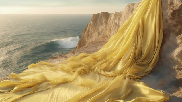 Soft flowing yellow fabric by the ocean