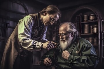 Fototapeta na wymiar Ancient Doctor in steampunk background 