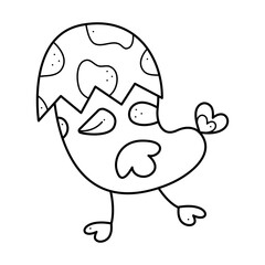 A cute chicken with an eggshell on its head. Doodle black and white vector illustration.