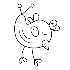 Cute chicken leans forward. Doodle black and white vector illustration.