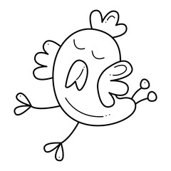 Cute chicken is dancing. Doodle black and white vector illustration.