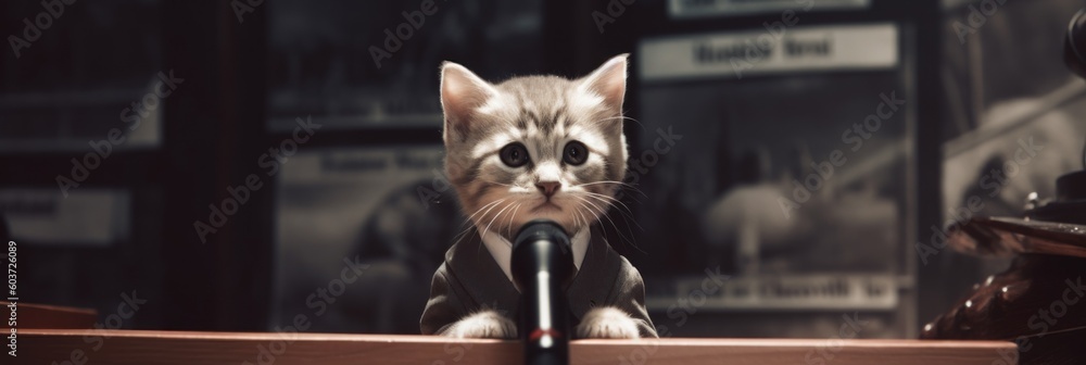 Poster a cat sitting behind a microphone in front of a window. generative ai image.