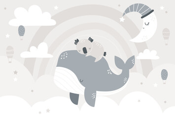  Vector illustration of a cute koala sleeping on the back of a whale, rainbow, air balloon, clouds and moon. Scandinavian style. Boho. Kids wallpaper design. Baby room design, wall decor, mural.