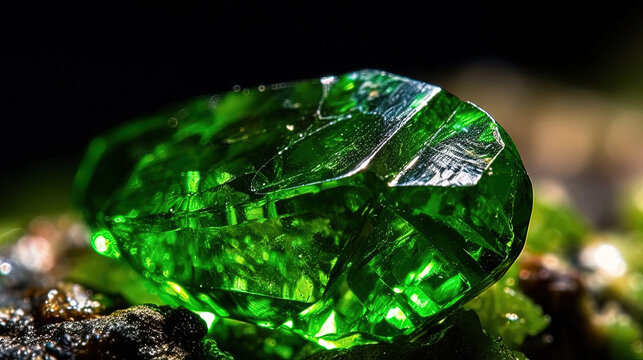 Macro photography of a Diopside crystal. Raw and uncut gemstone. Green rough mineral. Generative AI