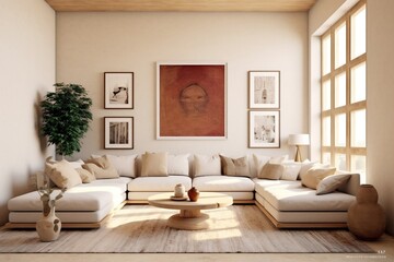 stylish minimalist boho living room with big white sofa, wooden coffee table and elegant personal accessories. Cream and white pillows, framed art, big window, mockup. Home decor, generative AI