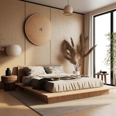 Modern, luxury beige boho bedroom with wooden bed, blanket, pillow, bedside table, wooden lamp in sunlight from big window on brown wa, naturaldecoration, for interior design background, generative AI