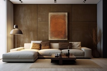 Modern, luxury living room with grey sofa with brown pillows, rusty accent wall with abstract art, sunlight from window, wooden floor with beige rug, for interior design background, generative AI
