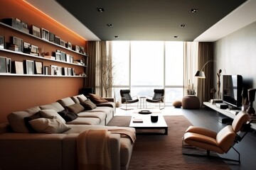 Interior luxury designer living room with big grey sofa, orange, lounge chair, orange wall, book shelves, tv, decoration and big windows,  for interior design background, AI generated