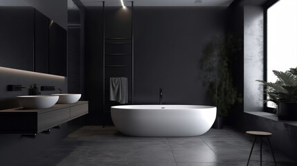 Fototapeta na wymiar Interior of a Contemporary Bathroom with Dark Tiles