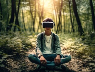 Naklejka na ściany i meble Junge, moderner, sportlicher Mann sitzt mit VR-Brille mitten im Wald, generative AI.