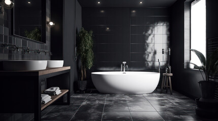 Fototapeta na wymiar Interior of a Contemporary Bathroom with Dark Tiles