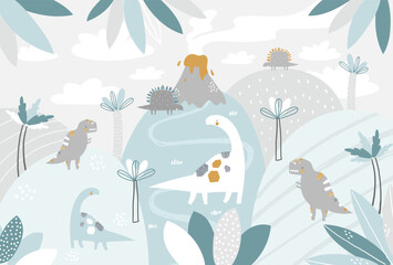 Vector children hand drawn mountain and cute dinosaurs illustration in scandinavian style. Mountain landscape, clouds. Children's tropical wallpaper. Mountainscape, children's room design, wall decor.