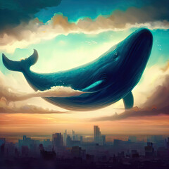 Fototapeta na wymiar fish whale in the city sky