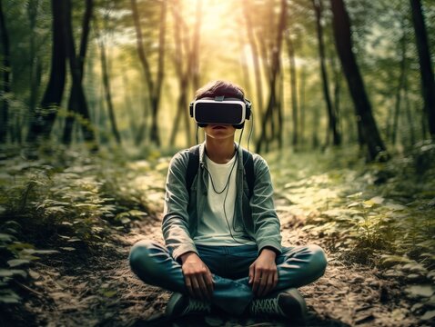 Junge, moderner, sportlicher Mann sitzt mit VR-Brille mitten im Wald, generative AI.