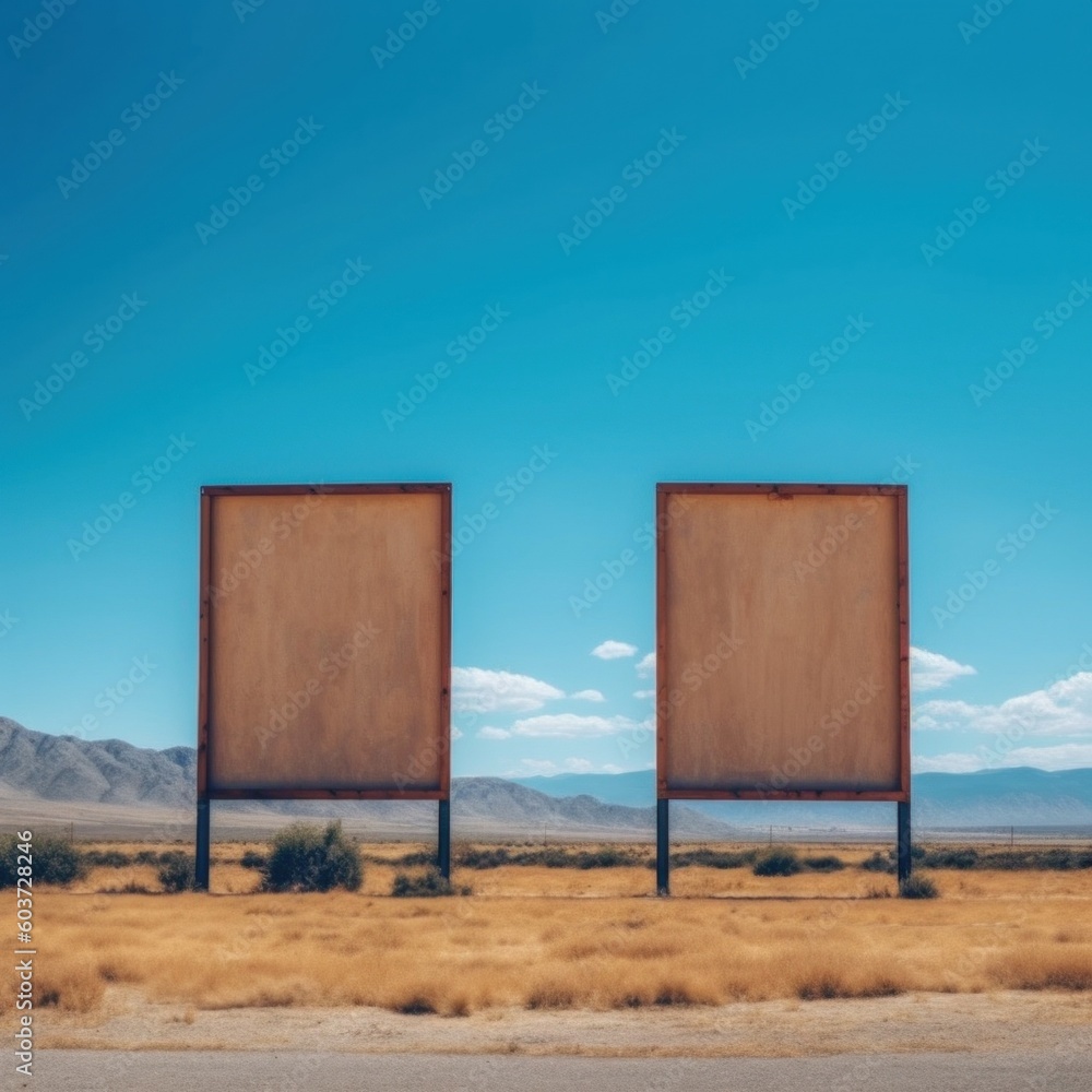 Poster two empty billboards sitting in the middle of a desert. generative ai image.