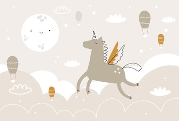 Vector children hand drawn color cute unicorn in the sky, air balloons, clouds and moon illustration in scandinavian style. Kids wallpaper design. Baby room design, wall decor. 