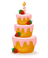 Birthday cake with candle and strawberries vector isolated illustration.