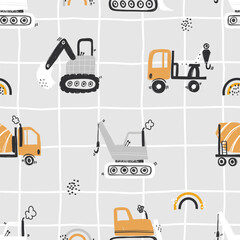 Vector hand-drawn seamless repeating children simple pattern with cars and rainbows in Scandinavian style on a plaid background. Kids texture with building equipment. Funny construction transport. 
