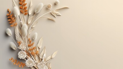 Fototapeta na wymiar minimalistic beige invitation card with delicate flowers on light beige background with copy space, generative ai beautiful art