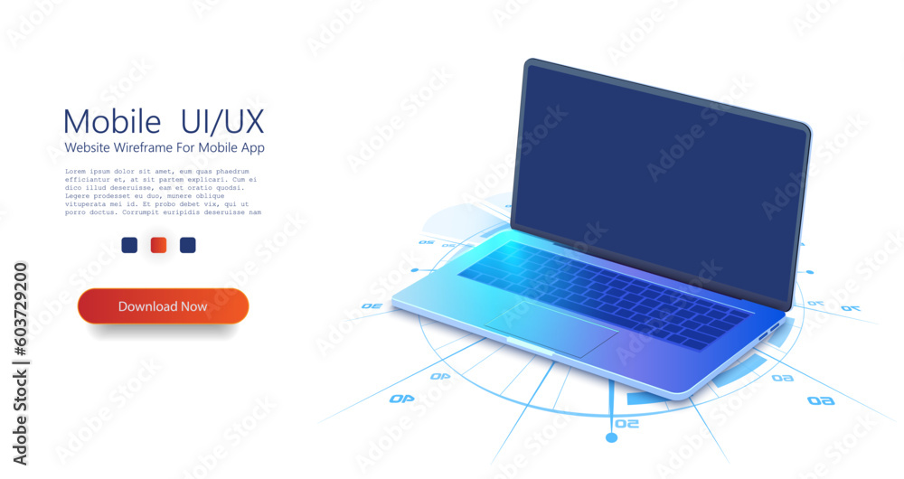 Fototapete Isometric laptop modern digital technology. Mockups generic device. Template notebook for presentation. Laptop computer screen. Vector illustration