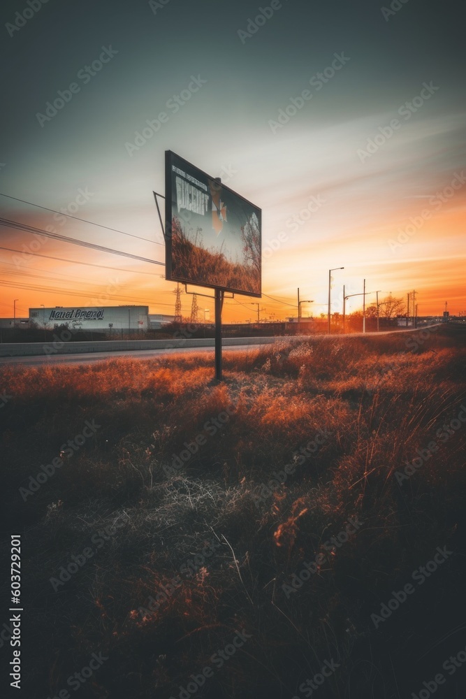 Poster an empty billboard sitting in the middle of a field. generative ai image.