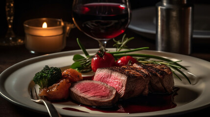steak grilled medium rare with fresh ingredients well flavor parings with red wine on beautiful...