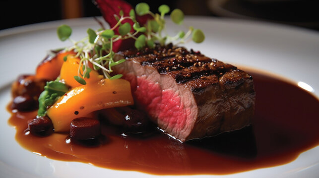 steak grilled medium rare with fresh ingredients well flavor on beautiful plate, served on restaurant table background for meals, dinner,  lunch for delicious food theme