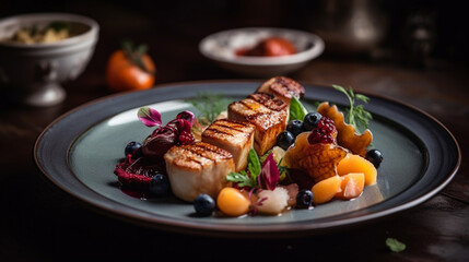 steak grilled with fresh ingredients well flavor on beautiful plate, served on restaurant table background for meals, dinner,  lunch for delicious food theme