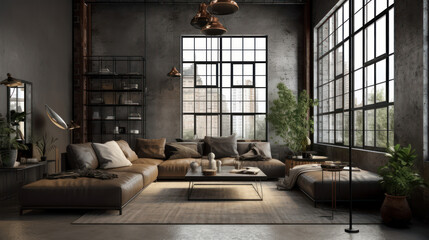Interior of a Industrial Style Living Room with Modern Furniture