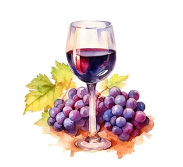 watercolor illustration glass of red wine, grapes, leaves isolated on white background. Generated AI