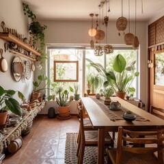 Generative AI cutlery on dinning room boho style house some green