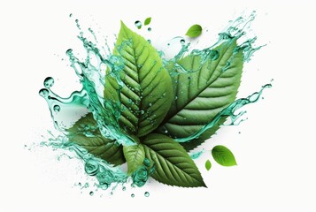 Green mint leaf with water splash isolated on white background. generative ai - obrazy, fototapety, plakaty