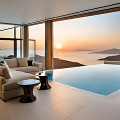 A view of a pool with a view of the sea and a sunset in the background