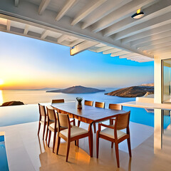 Fototapeta premium A view of a pool with a view of the sea and a sunset in the background