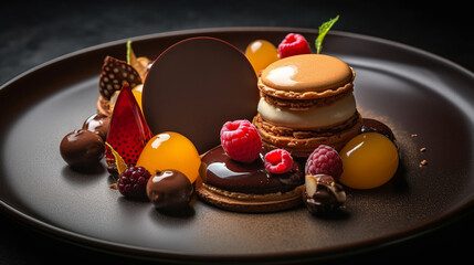 macaron or macaroon dessert well decorative with fresh ingredients served on delicate plate in restaurant or cafe table background for delicious food and dessert theme.