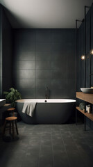 Interior of a Minimalist Style Bathroom with Dark Tiles