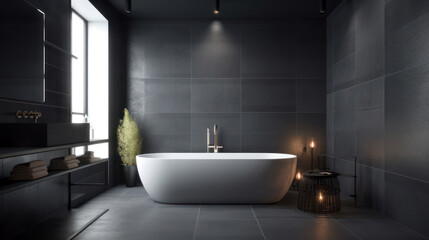 Naklejka na ściany i meble Interior of a Minimalist Style Bathroom with Dark Tiles