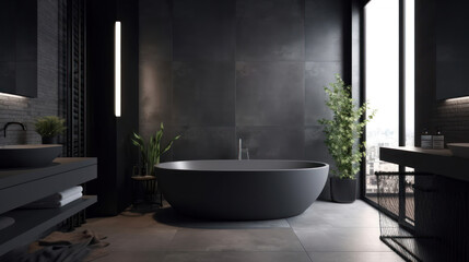 Naklejka na ściany i meble Interior of a Minimalist Style Bathroom with Dark Tiles