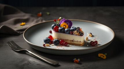 cheesecakes dessert well decorative with fresh ingredients served on delicate plate in restaurant or cafe table background for delicious food and dessert theme
