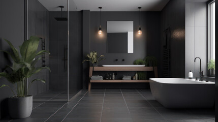 Fototapeta na wymiar Interior of a Minimalist Style Bathroom with Dark Tiles