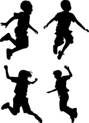 set of silhouettes of children boys jumping high freely
