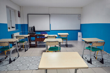 Empty chairs in classrom. Modern furniture. Interior of cafe. Conference hall.
